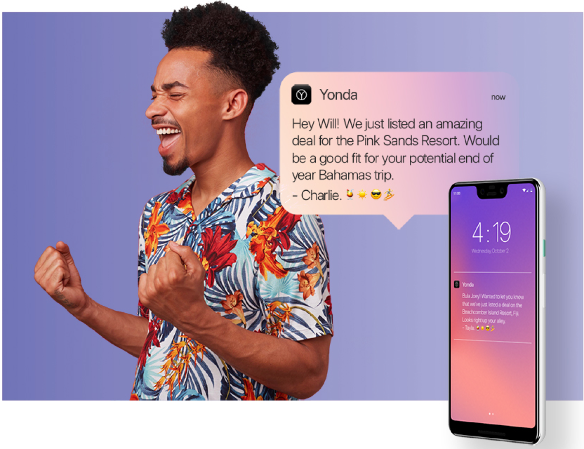 Excited traveller getting a YONDA deal alert