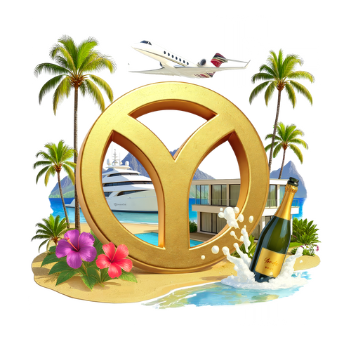 Gold YONDA symbol on a tropical island with a private jet, superyacht, villa and champagne